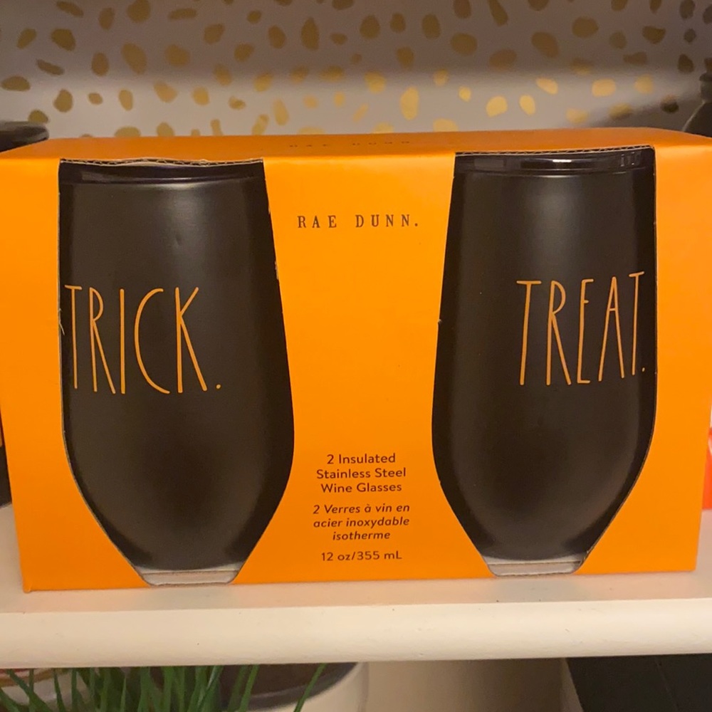 RAE DUNN Halloween stainless steel wine glasses.